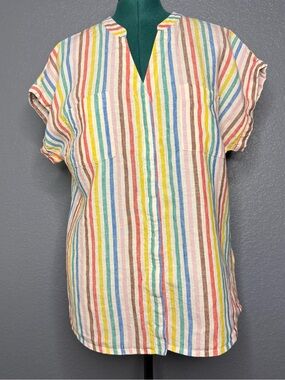 Boden 100% Linen Striped Blouse Multicolor Short Sleeve Relaxed Fit Size 18